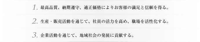 1.最高品質、納期遵守、適正価格によりお客様の満足と信頼を得る。
2.生産・販売活動を通じて、社員の活力を高め、職場を活性化する。
3.企業活動を通じて、地域社会の発展に貢献する。